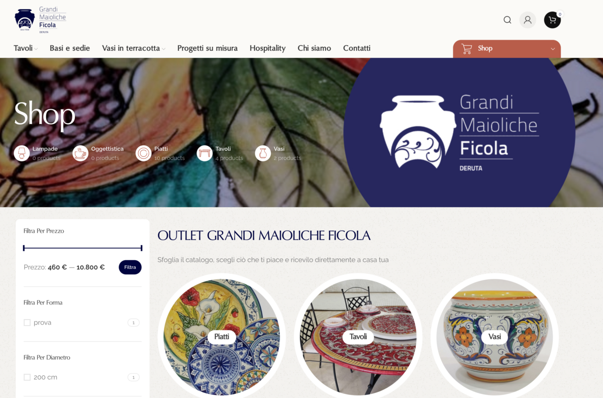 Screenshot del sito web "Grandi Maioliche Ficola" con categorie di prodotti e filtri di prezzo.