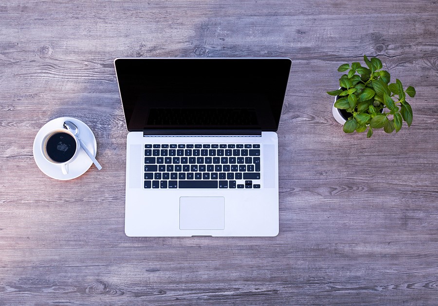 Laptop aperto, tazza di caffè e pianta verde su scrivania in legno.