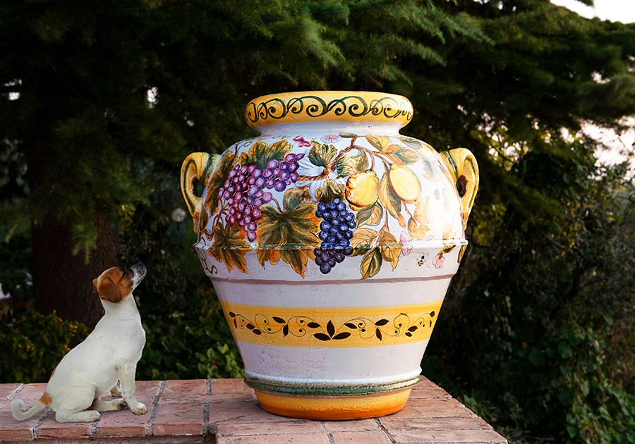 Vaso in ceramica dipinto con uva e limoni, un cucciolo Jack Russell lo guarda incuriosito.