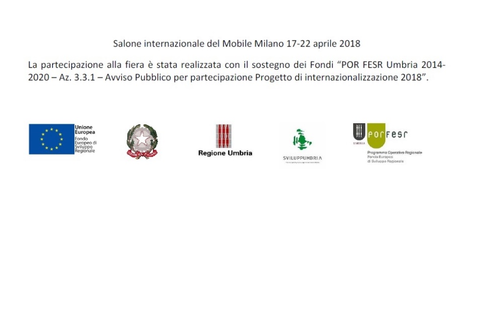 Salone Internazionale del Mobile Milano 2018, con loghi UE, Regione Umbria e POR FESR.