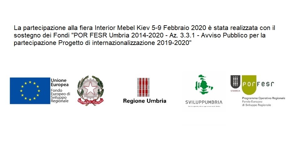 Loghi UE, Repubblica Italiana, Regione Umbria, Sviluppumbria, POR FESR Umbria per fiera Interior Mebel Kiev.